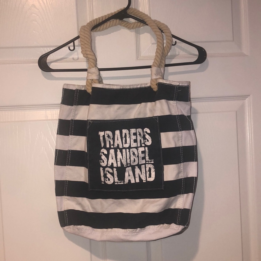 Gently Worn Sanibel Island Nautical Navy & White Stripe Tote Bag